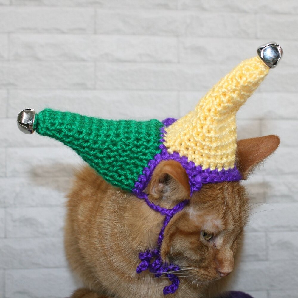 HAND CRAFTED Hat Crochet Jester Cap Mardi Gras Costume Photo Prop Pet Parade - Picture 3 of 15